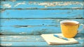 Yellow mug on rustic blue wooden background with notepad and pen Royalty Free Stock Photo