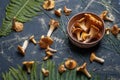 Yellow mushrooms top view, chanterelles on the table,