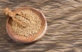 Yellow mustard seeds in the bowl and spoon