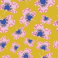 Yellow Mustard with whimsical pink flowers like shapes with blue centres seamless pattern background design.