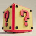 Yellow mystery box with red question marks. 3D rendering illustration. Royalty Free Stock Photo