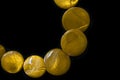 Yellow necklace made of round flat beads on a dark background Royalty Free Stock Photo