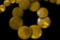 Yellow necklace made of round flat beads on a dark background Royalty Free Stock Photo