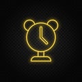 Yellow neon icon alarm, clock. Transparent background. Yellow neon vector icon