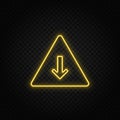 Yellow neon icon arrow, down, pyramid.Transparent background. Yellow neon vector icon