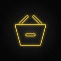 Yellow neon icon basket, remove, shopping.Transparent background. Yellow neon vector icon