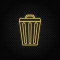 Yellow neon icon bin, trash, can. Transparent background. Yellow neon vector icon