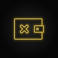 Yellow neon icon delete, money, wallet.Transparent background. Yellow neon vector icon