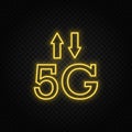 Yellow neon icon 5g, signal, arrows. Transparent background. Yellow neon vector icon