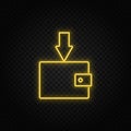 Yellow neon icon incoming, money, salary.Transparent background. Yellow neon vector icon