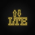 Yellow neon icon lte, signal, arrows. Transparent background. Yellow neon vector icon