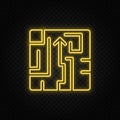 Yellow neon icon maze, puzzle, strategy.Transparent background. Yellow neon vector icon