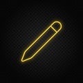 Yellow neon icon pencil. Transparent background. Yellow neon vector icon