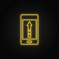 Yellow neon icon phone, arrow up, upload. Transparent background. Yellow neon vector icon