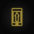 Yellow neon icon phone, arrow up, upload. Transparent background. Yellow neon vector icon