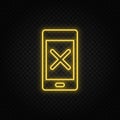 Yellow neon icon phone, delete, remove. Transparent background. Yellow neon vector icon