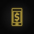 Yellow neon icon phone, dollar, money. Transparent background. Yellow neon vector icon