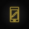 Yellow neon icon phone, edit, pencil. Transparent background. Yellow neon vector icon