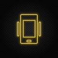 Yellow neon icon phone, vibrate. Transparent background. Yellow neon vector icon