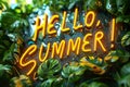 Yellow neon inscription Hello, summer and green tropical leaves. Royalty Free Stock Photo