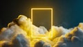Yellow neon light round frame in the clouds with copy space. 3D rendering. Abstract background Royalty Free Stock Photo