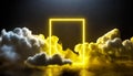 Yellow neon light round frame in the clouds with copy space. 3D rendering. Abstract background Royalty Free Stock Photo