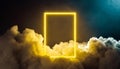 Yellow neon light round frame in the clouds with copy space. 3D rendering. Abstract background Royalty Free Stock Photo