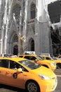 Yellow New York taxis outside St Patrick's Cathedral