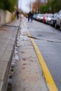 Winter rain road yellow line Royalty Free Stock Photo