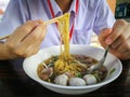 Yellow noodles with meat ball in clear broth or soup