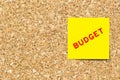 Yellow note paper with word budget on cork board with copy space Royalty Free Stock Photo