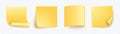 Yellow note sheet of paper set with different shadow. Blank four post for message, to do list, memory. Set of vector