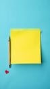 Yellow notepad, pen, and red heart on light blue background, Valentines Day