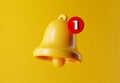 Yellow notification message bell on yellow background. 3D render.