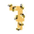 Number 7 and seven bees. Vector illustration on a white background.