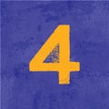 yellow number four with scratched effect on a blue grunge background, 3d rendering