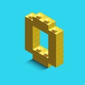 Yellow number zero from constructor lego bricks on blue background. 3d lego number zero
