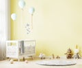 Yellow nursery room interior background with baby bedding, toys, balloons, nursery mock up, kids room interior, 3d rendering Royalty Free Stock Photo