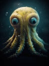 a yellow octopus with blue eyes and a black background is featured in a digital painting by artist and photographer marke Royalty Free Stock Photo