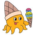 The yellow octopus is carrying an ice cream cone ready to eat, doodle icon image kawaii