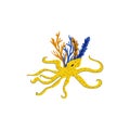 Yellow Octopus with Tentacles Floating Among Sea Weeds Vector Illustration Royalty Free Stock Photo