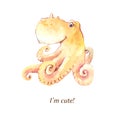 Yellow octopus by watercolor. Cute caracter suitable for childre