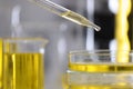 Yellow oil drips from a dispenser into test tube in laboratory