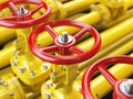 Yellow oil or gas pipe line valves. 3d