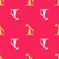 Yellow Oil pump or pump jack icon isolated seamless pattern on red background. Oil rig. Vector Illustration Royalty Free Stock Photo