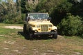 Yellow old Jeep parked on the lawn near green trees