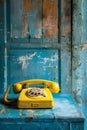 yellow old phone on the blue table Royalty Free Stock Photo