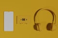 Yellow Old Tape Audio Cassette, headphones and contemporary smartphone on yellow background Royalty Free Stock Photo