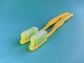 a yellow old toothbrushes on a green background Royalty Free Stock Photo