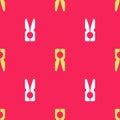 Yellow Old wood clothes pin icon isolated seamless pattern on red background. Clothes peg. Vector Royalty Free Stock Photo